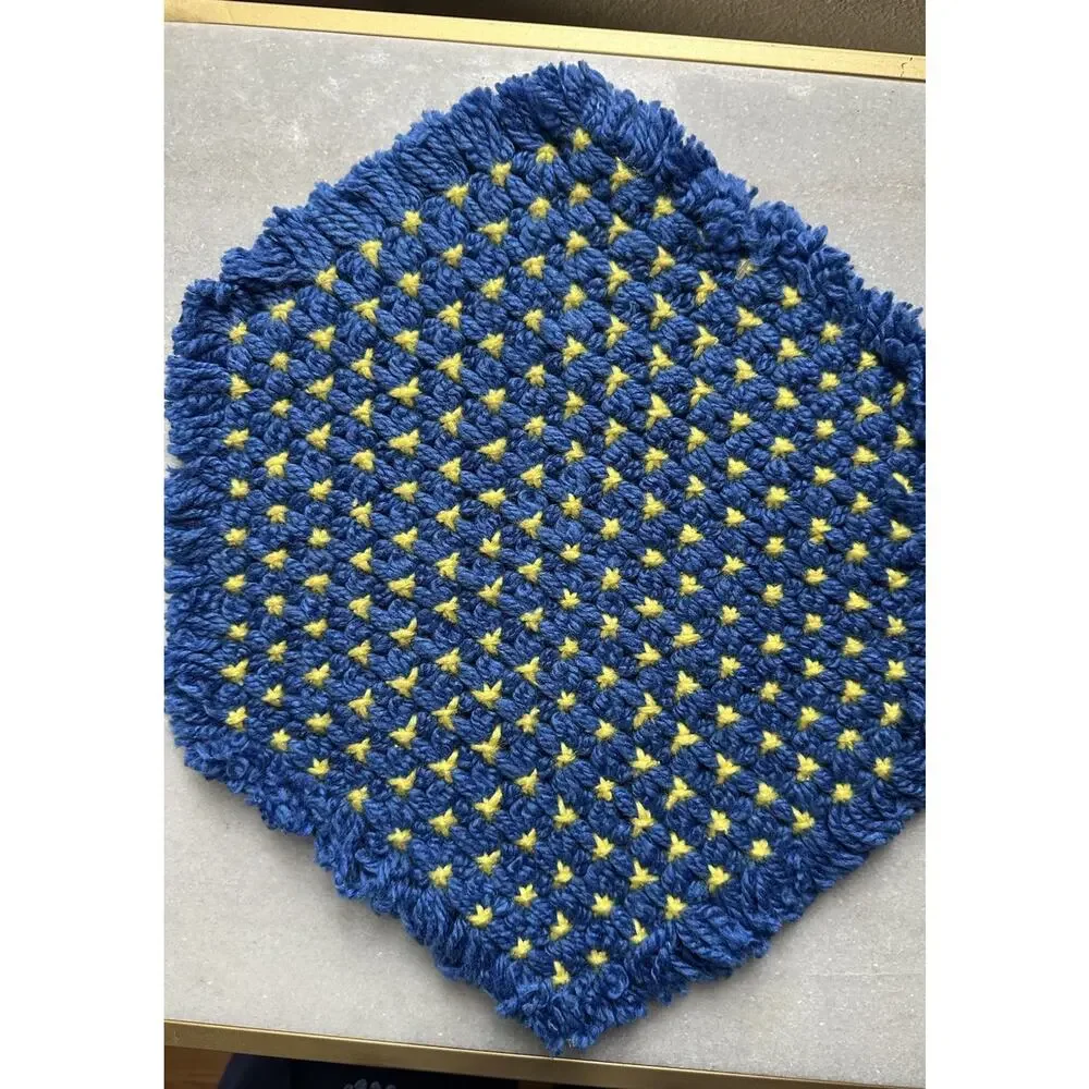 2 VTG 70’s Crocheted Hot Pad Trivet Blue and Yellow 16” x 13” Vintage Handmade